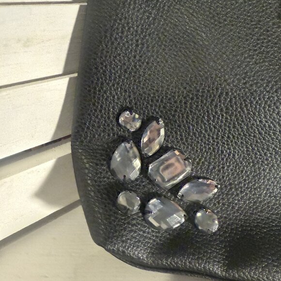 Bebe Black Clutch – Gemstone Embellished, Gold Hardware, 10x6” Evening Bag - Picture 3 of 6